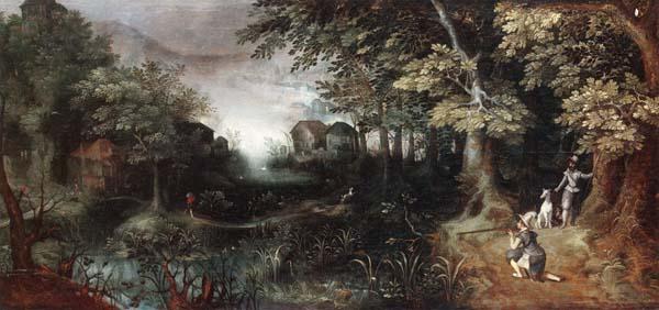 Claes Dircksz.van er heck A wooded landscape with huntsmen in the foreground,a town beyond Norge oil painting art